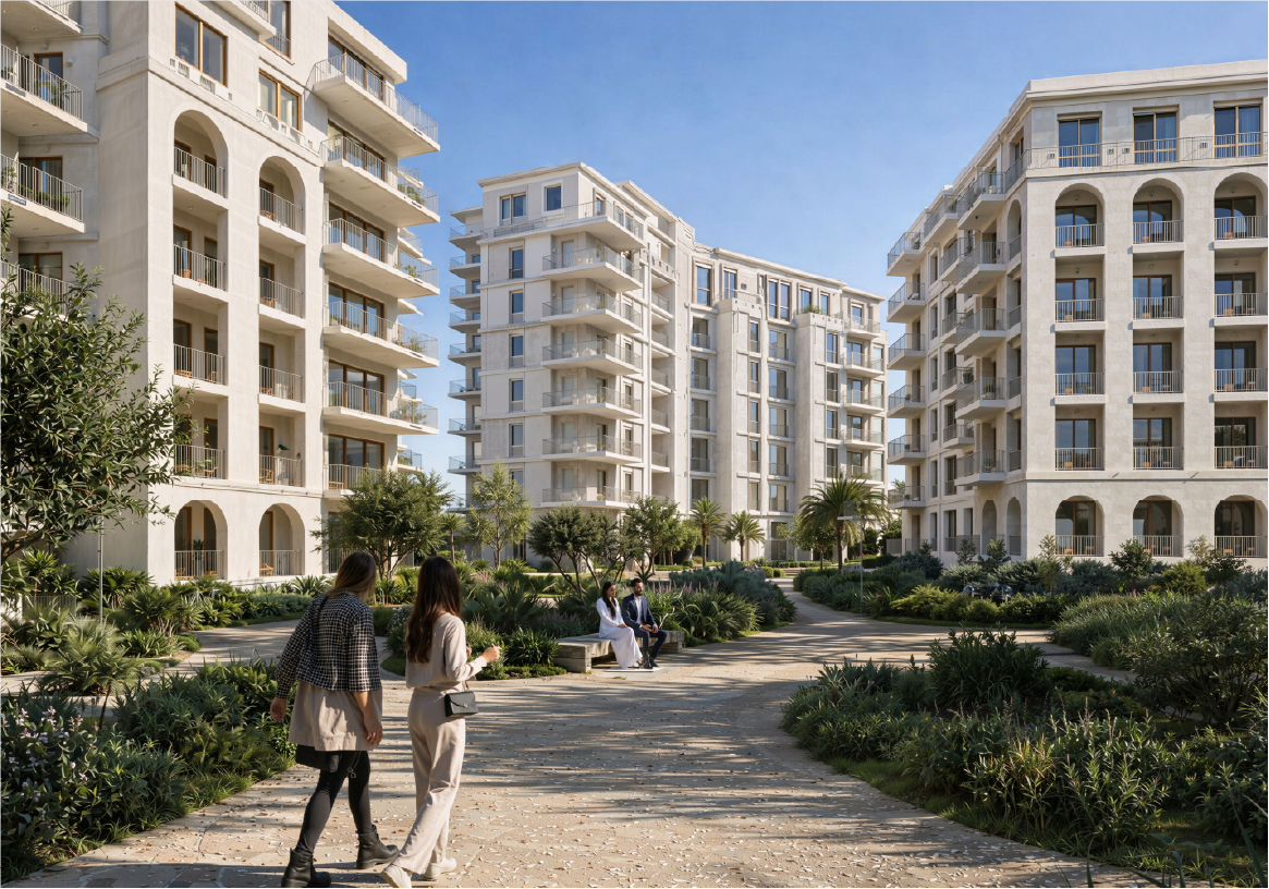 Modern luxury building facade incorporating traditional Syrian architectural elements with sleek lines meeting classic stonework
